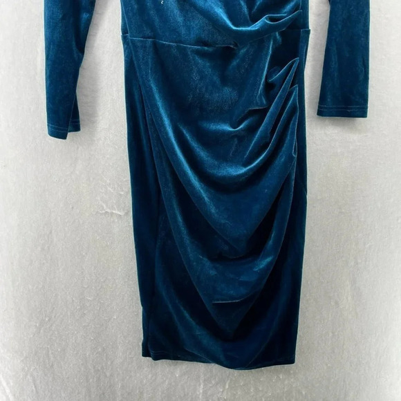 Shein Dress Womens Sz 6 Teal V-Neck Bodycon Stretch Pullover Velvet Faux Wrap - Picture 7 of 12